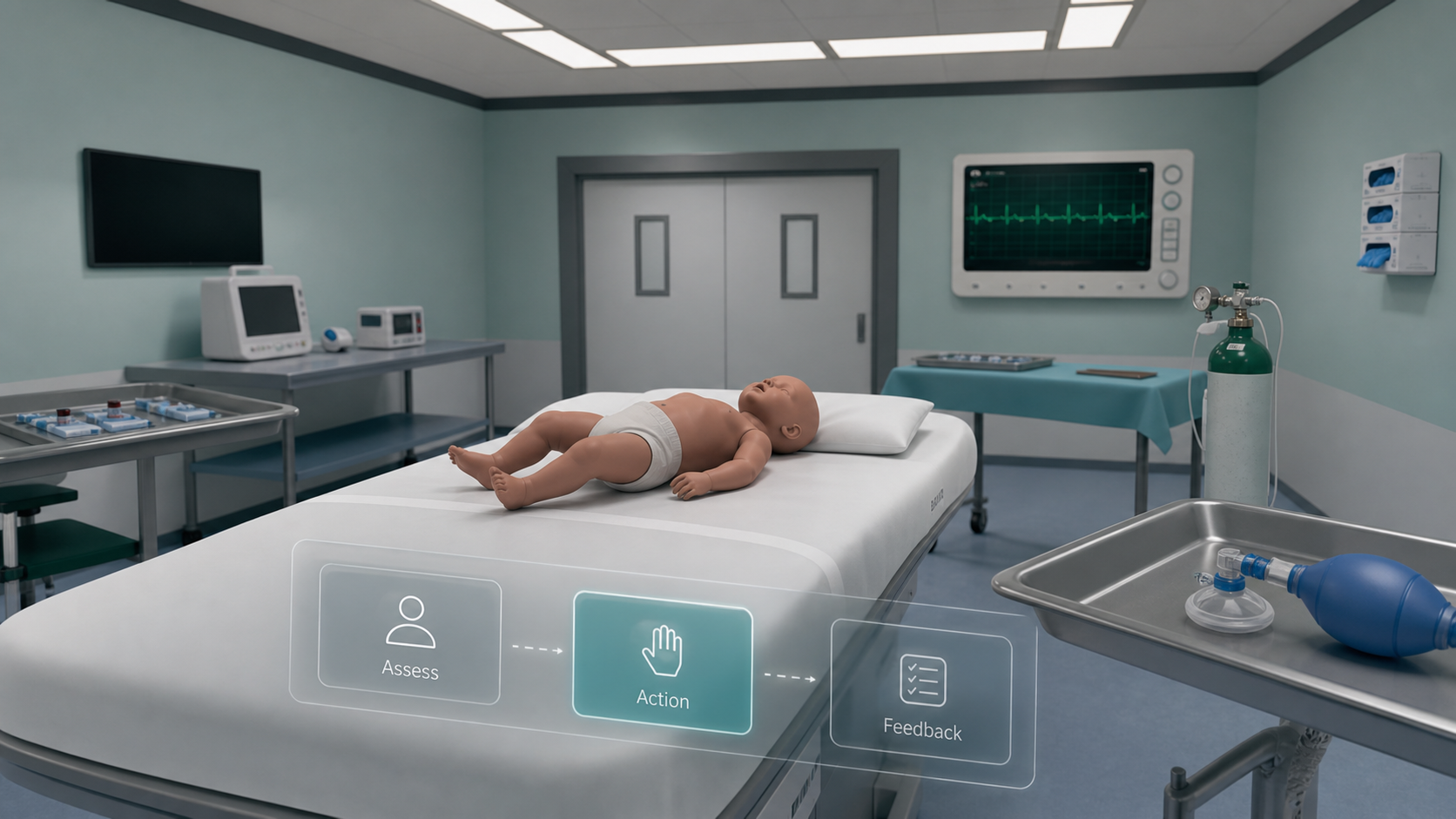 Sala de simulación virtual con entorno clínico e interfaz de interacción