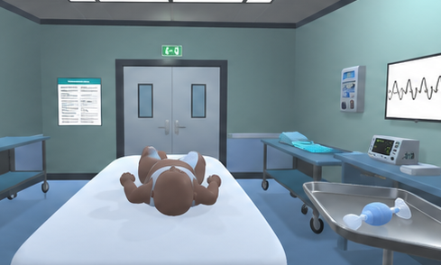 Escenario virtual de reanimación pediátrica con elementos clínicos para interacción