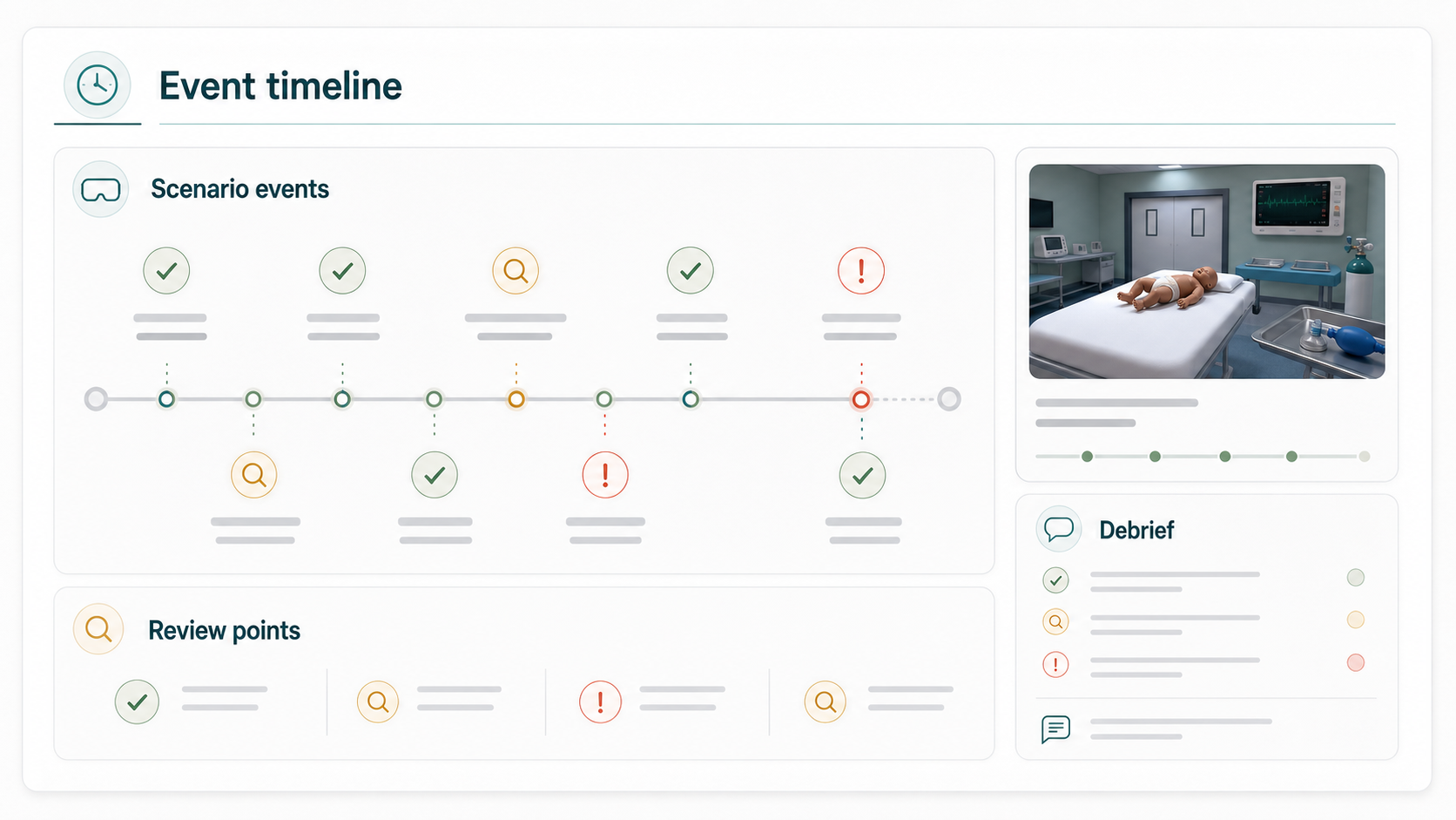 Panel conceptual de eventos, tiempos y puntos de revisión para debriefing